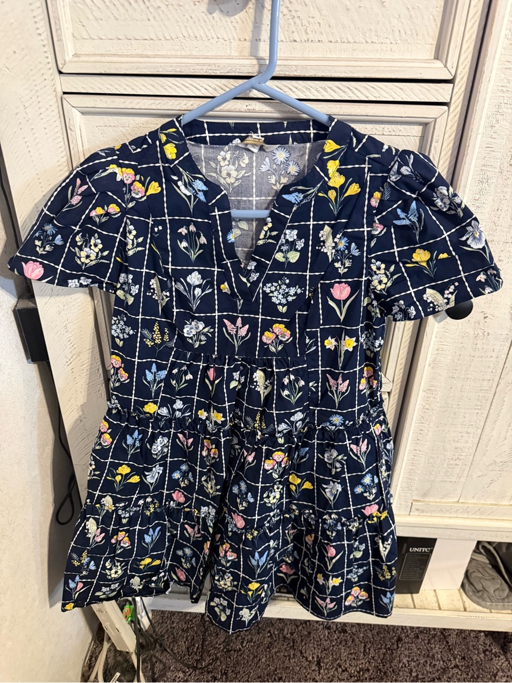 crown & ivy Navy Floral Grid Tiered Mini Dress